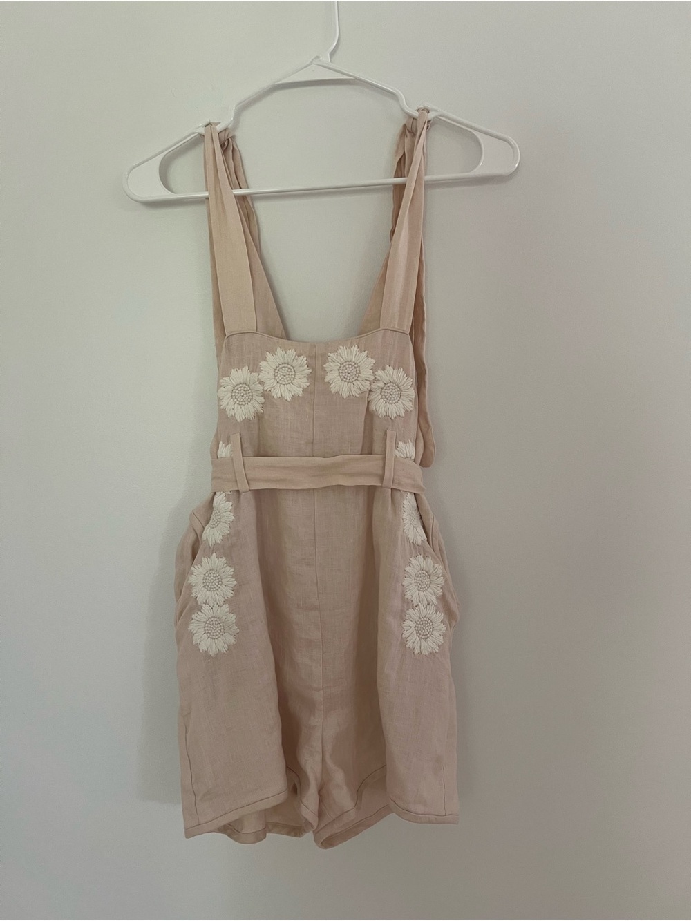 Sleeveless Embroidered Sunflower Romper in Light Beige